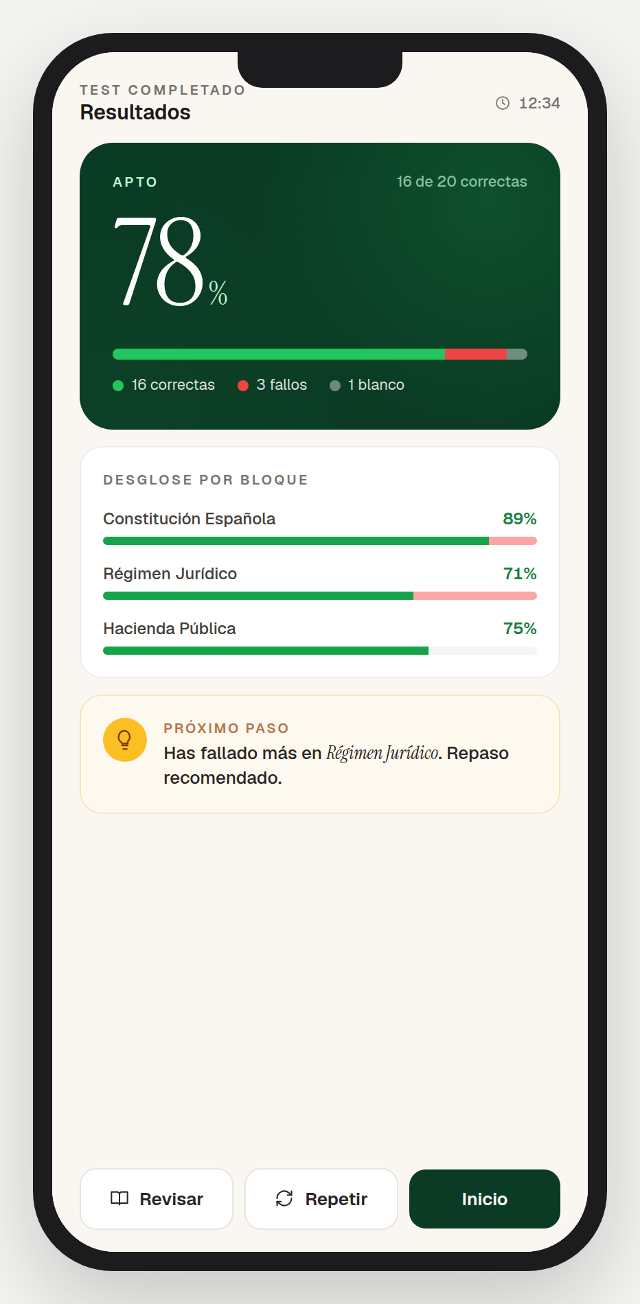 Resultados de un test: porcentaje de aciertos, desglose por bloque y próximo paso recomendado
